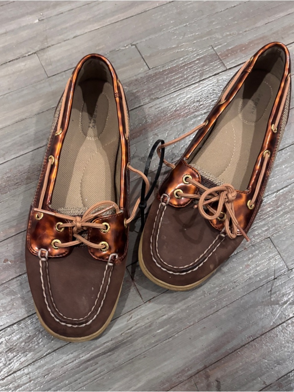 Sperry Brown Moccasin Boat Shoes with Metallic Copper Trim